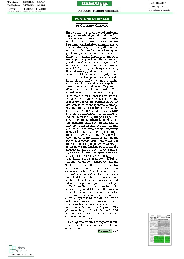 Italia Oggi pubblica le Punture di spillo di Giuliano Cazzola per Formiche.net