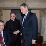 L'ambasciatore Alexander Avdeev, Maurizio Molinari e Monsignor Giovanni Angelo Becciu