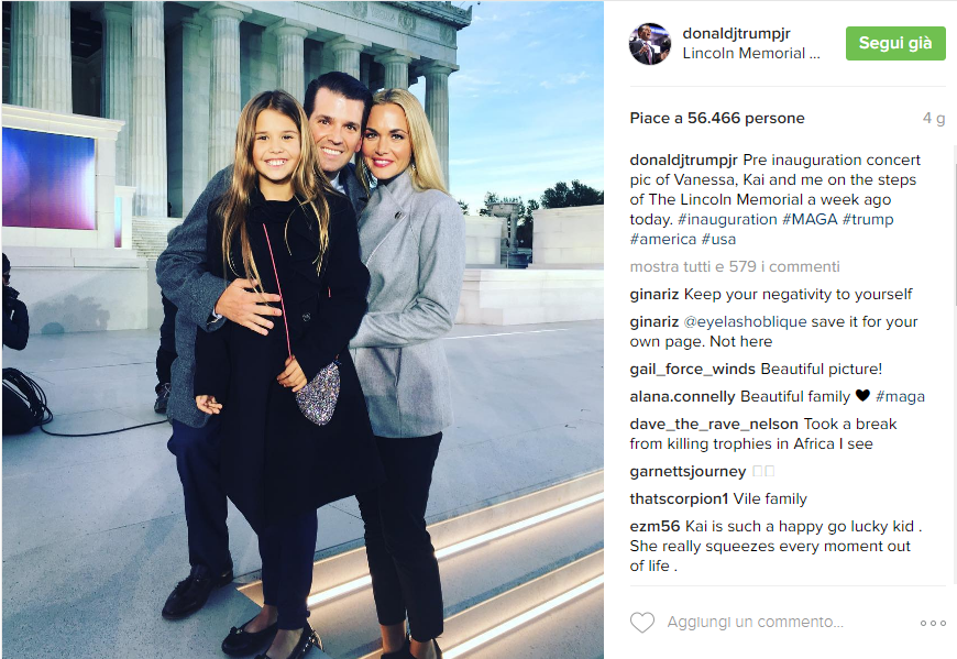 Donald Trmp Jr, la moglie Vanessa e la figlia Kai al Lincoln Memorial - Instagram