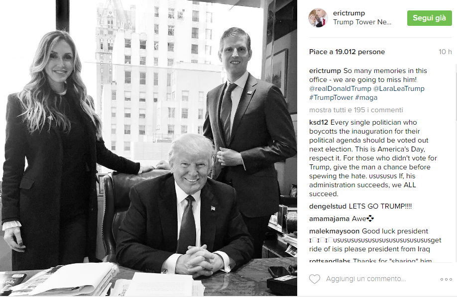 Eric Trump, la moglie Lara e Donald Trump - Instagram