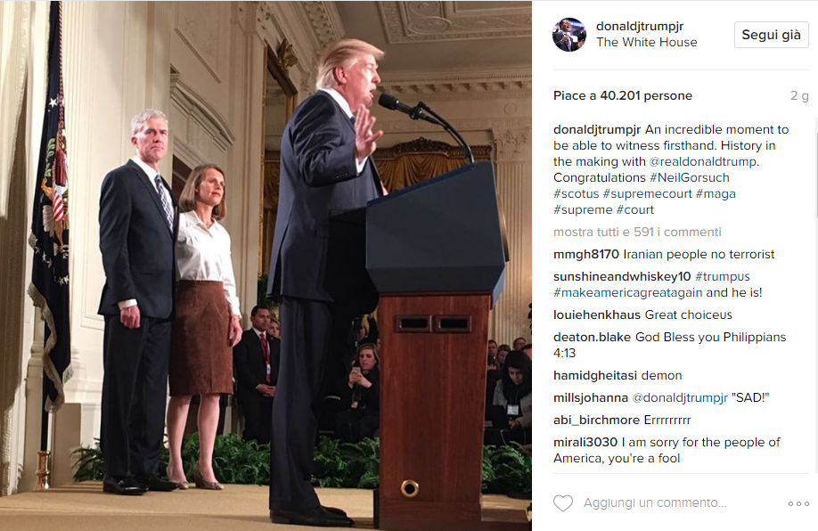 Donald Trump durante la nomica del giudice Neil Gorsuch - Instagram