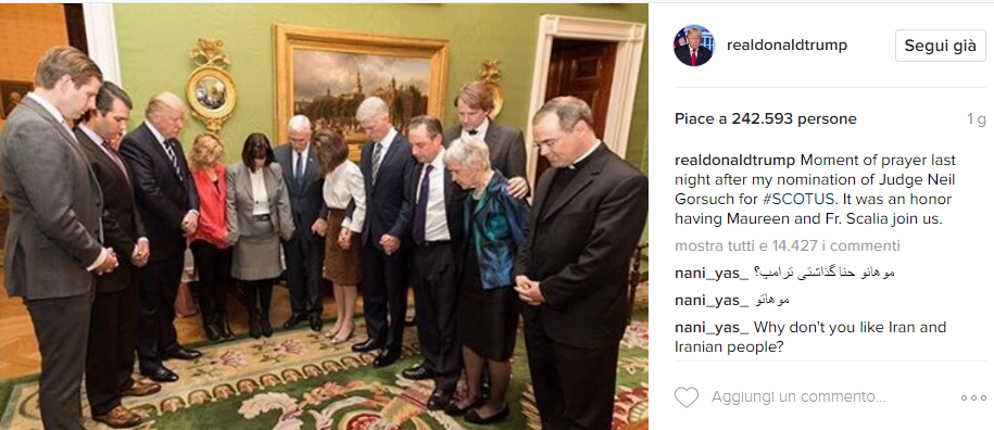 Momento di preghiera dopo la nomina del giudice Neil Gorsuch - Instagram