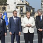 europa, Joseph Muscat (premier Malta), Donald Tusk (Presidente Consiglio europeo), Angela Merkel e Paolo Gentiloni