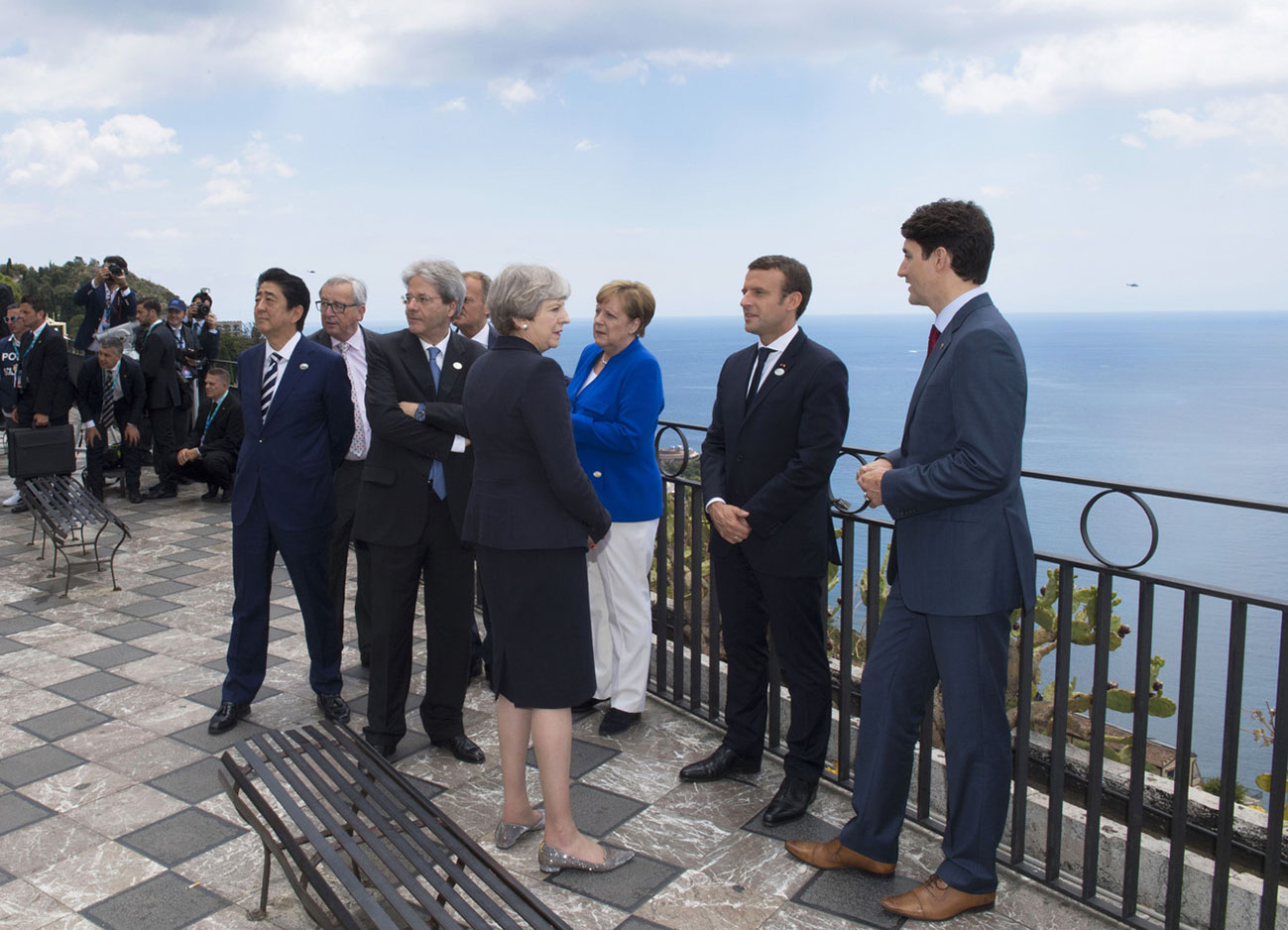 Ahinzo Abe, Jean-Claude Juncker, Paolo Gentiloni, Angela Merkel, Donald Trump, Theresa May, Justin Trudeau