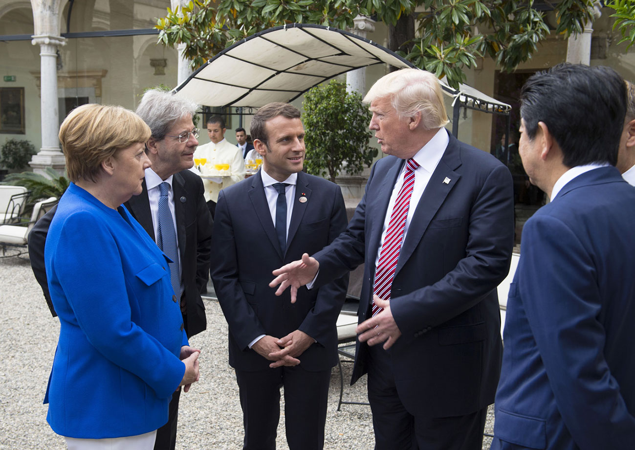 g7 Angela Merkel, Paolo Gentiloni, Emmanuel Macron, Donald Trump